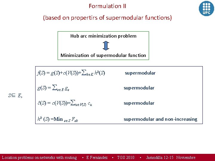 Formulation II (based on propertirs of supermodular functions) Hub arc minimization problem Minimization of