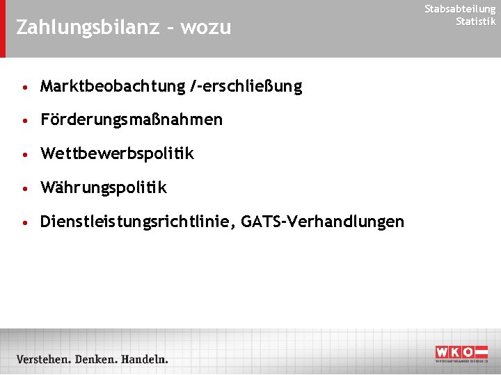 Zahlungsbilanz - wozu • Marktbeobachtung /-erschließung • Förderungsmaßnahmen • Wettbewerbspolitik • Währungspolitik • Dienstleistungsrichtlinie,