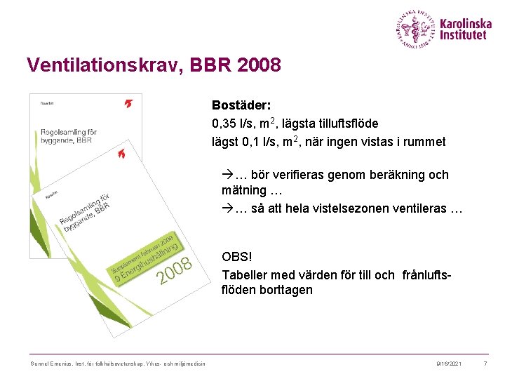 Ventilationskrav, BBR 2008 Bostäder: 0, 35 l/s, m 2, lägsta tilluftsflöde lägst 0, 1