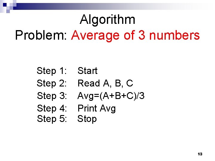 Algorithm Problem: Average of 3 numbers Step 1: Step 2: Step 3: Step 4:
