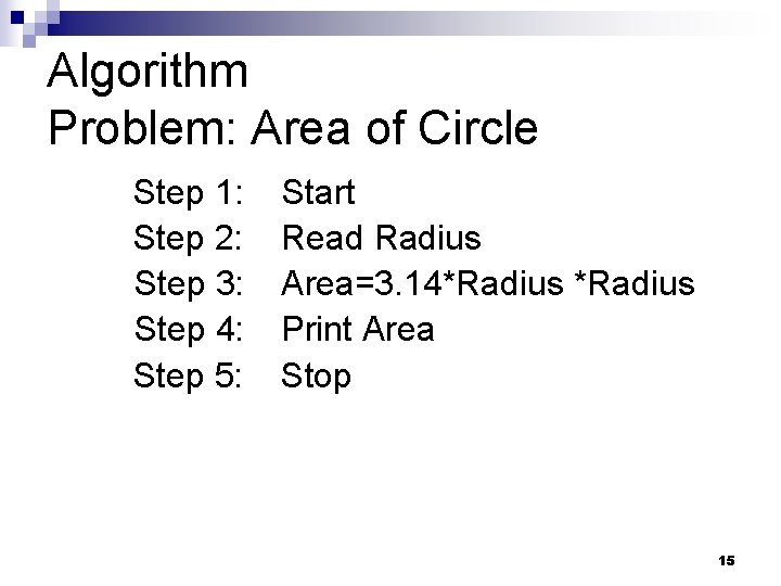 Algorithm Problem: Area of Circle Step 1: Step 2: Step 3: Step 4: Step