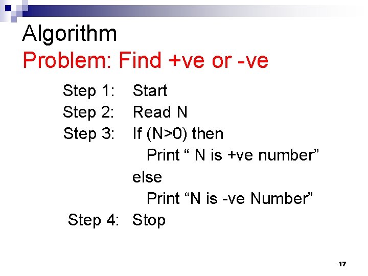 Algorithm Problem: Find +ve or -ve Step 1: Step 2: Step 3: Start Read