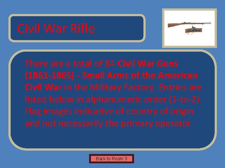 Name of Museum Civil War Rifle There a total of 84 Civil War Guns