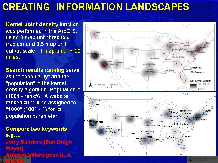 CREATING INFORMATION LANDSCAPES Kernel point density function was performed in the Arc. GIS. using