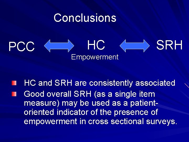 Conclusions PCC HC SRH Empowerment HC and SRH are consistently associated Good overall SRH