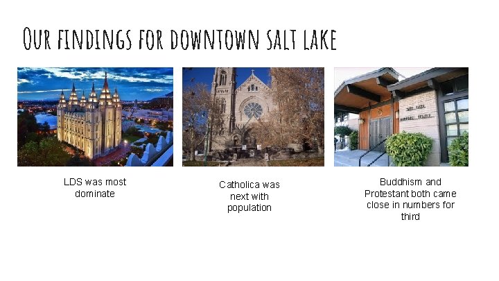 Our findings for downtown salt lake LDS was most dominate Catholica was next with