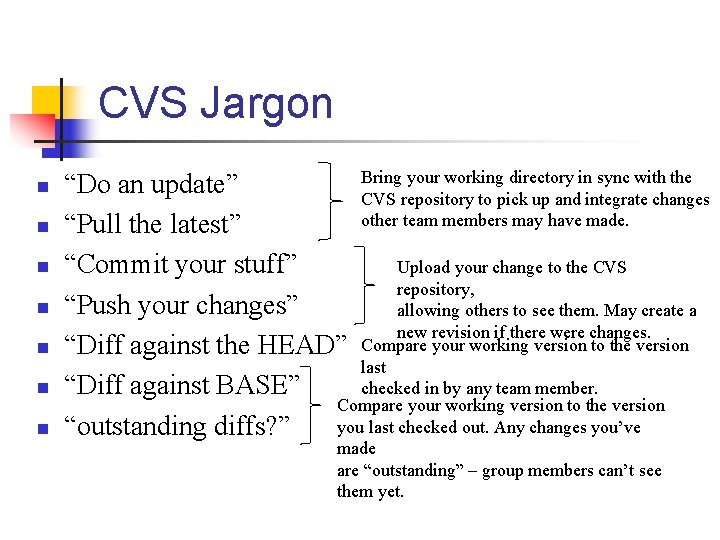 CVS Jargon n n n Bring your working directory in sync with the “Do