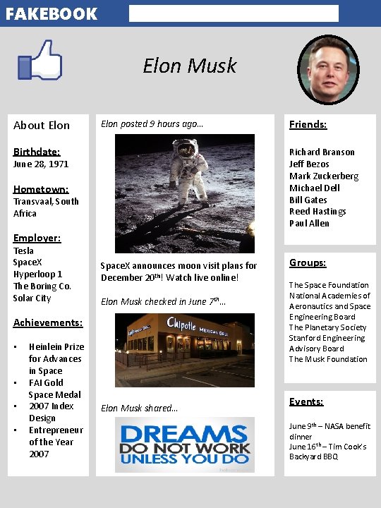 FAKEBOOK Elon Musk About Elon posted 9 hours ago… Birthdate: Friends: Richard Branson Jeff