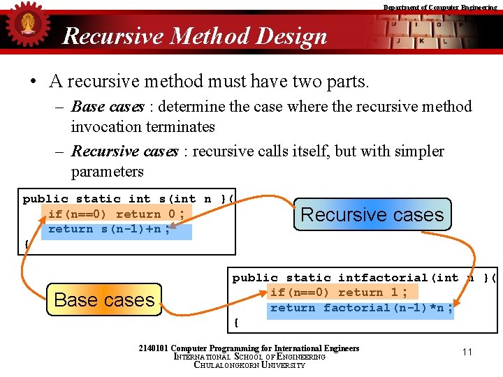 Department of Computer Engineering Recursive Method Design • A recursive method must have two