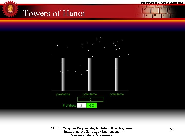 Department of Computer Engineering Towers of Hanoi 2140101 Computer Programming for International Engineers INTERNATIONAL