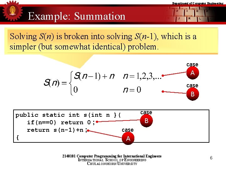 Department of Computer Engineering Example: Summation Solving S(n) is broken into solving S(n-1), which