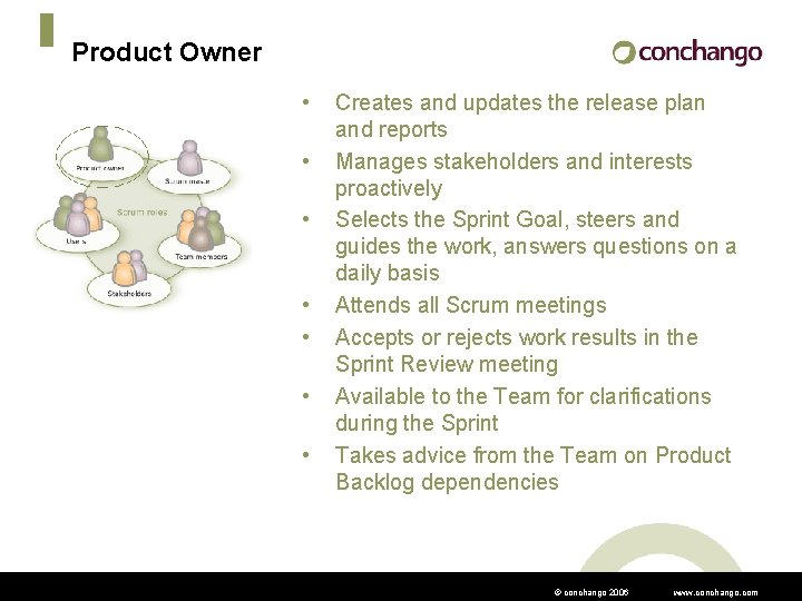 Product Owner • • Creates and updates the release plan and reports Manages stakeholders