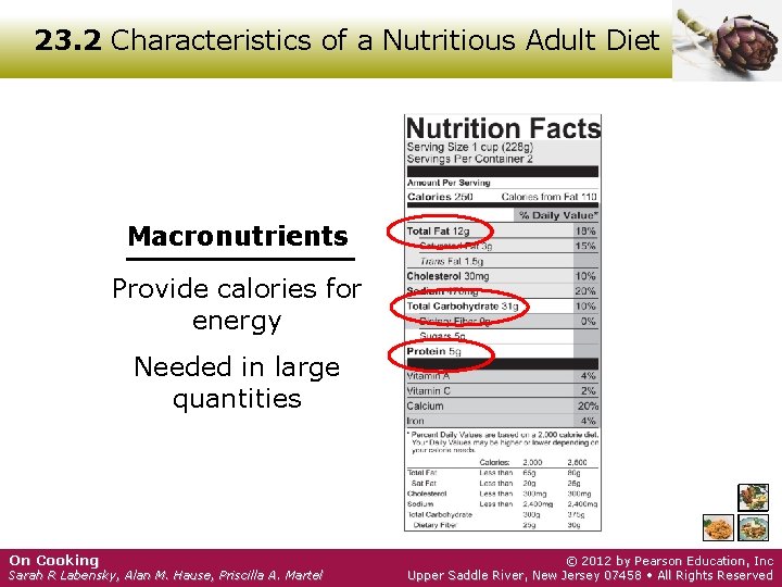 23. 2 Characteristics of a Nutritious Adult Diet Macronutrients Provide calories for energy Needed