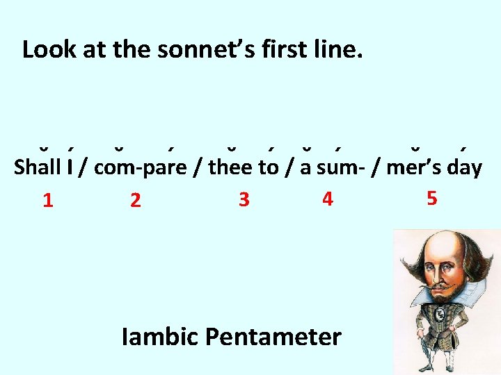 Look at the sonnet’s first line. ´ / thee to´ / a sum´ /