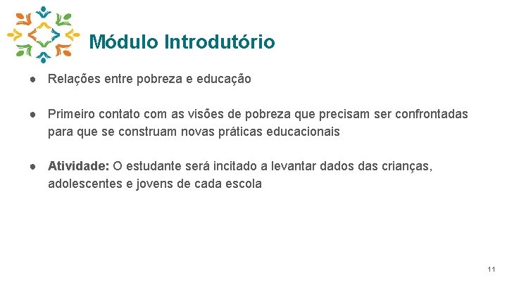 Módulo Introdutório ● Relações entre pobreza e educação ● Primeiro contato com as visões