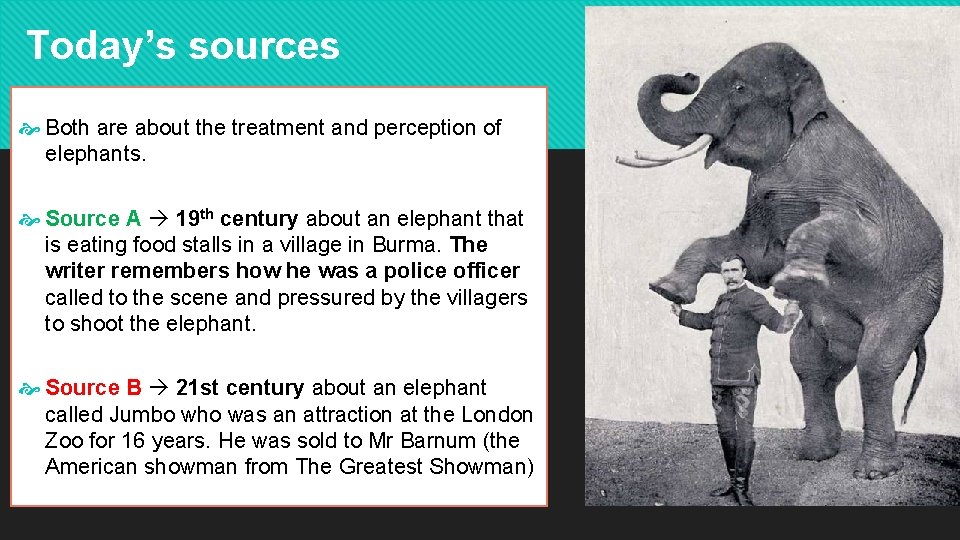 Today’s sources Both are about the treatment and perception of elephants. Source A 19