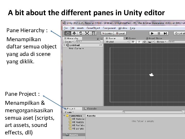 A bit about the different panes in Unity editor Pane Hierarchy : Menampilkan daftar