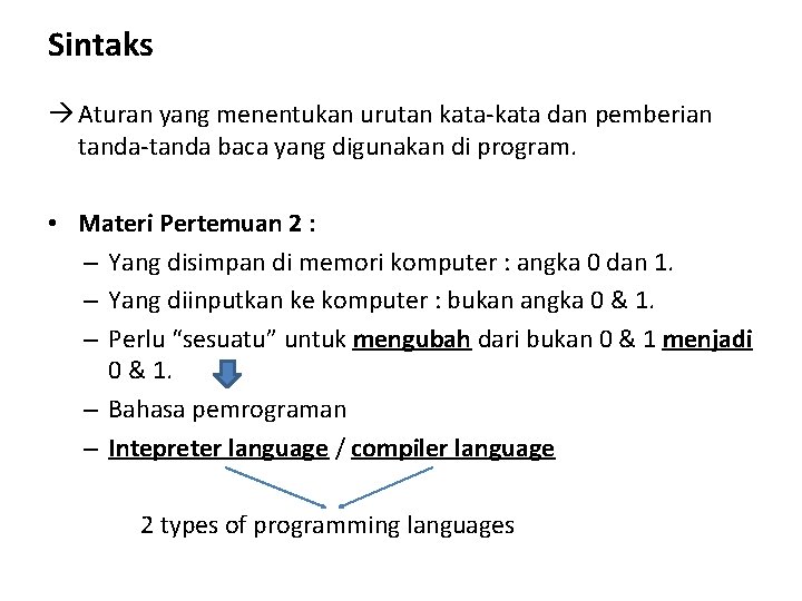 Sintaks Aturan yang menentukan urutan kata-kata dan pemberian tanda-tanda baca yang digunakan di program.
