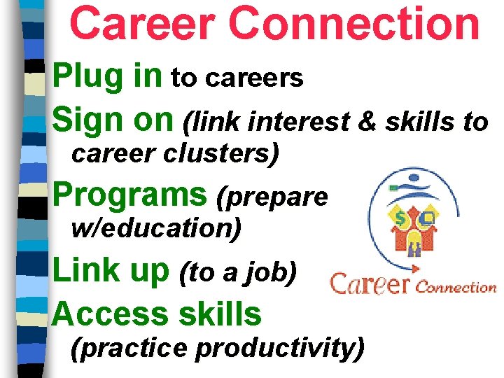 Career Connection Plug in to careers Sign on (link interest & skills to career