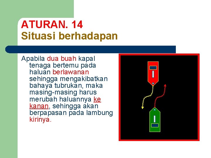 ATURAN. 14 Situasi berhadapan Apabila dua buah kapal tenaga bertemu pada haluan berlawanan sehingga