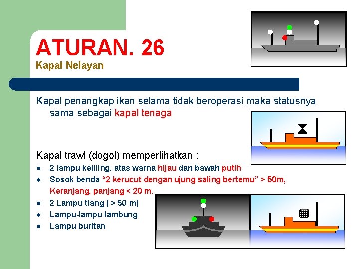 ATURAN. 26 Kapal Nelayan Kapal penangkap ikan selama tidak beroperasi maka statusnya sama sebagai