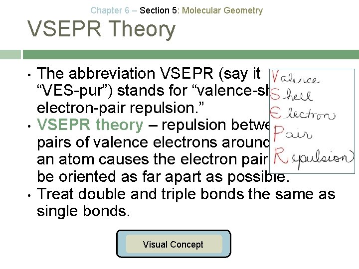 Chapter 6 – Section 5: Molecular Geometry VSEPR Theory • • • The abbreviation