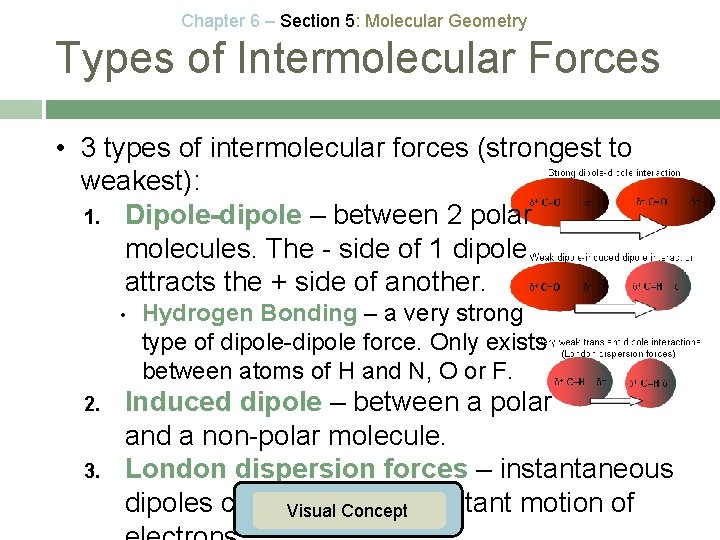 Chapter 6 – Section 5: Molecular Geometry Types of Intermolecular Forces • 3 types