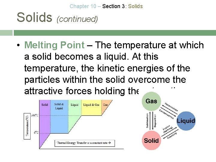 Chapter 10 – Section 3: Solids (continued) • Melting Point – The temperature at