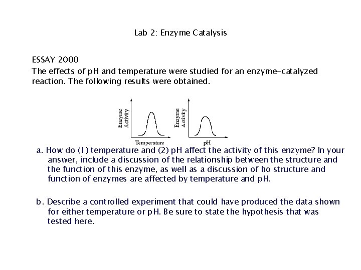 Lab 2: Enzyme Catalysis ESSAY 2000 The effects of p. H and temperature were