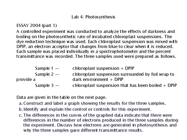 Lab 4: Photosynthesis ESSAY 2004 (part 1) A controlled experiment was conducted to analyze