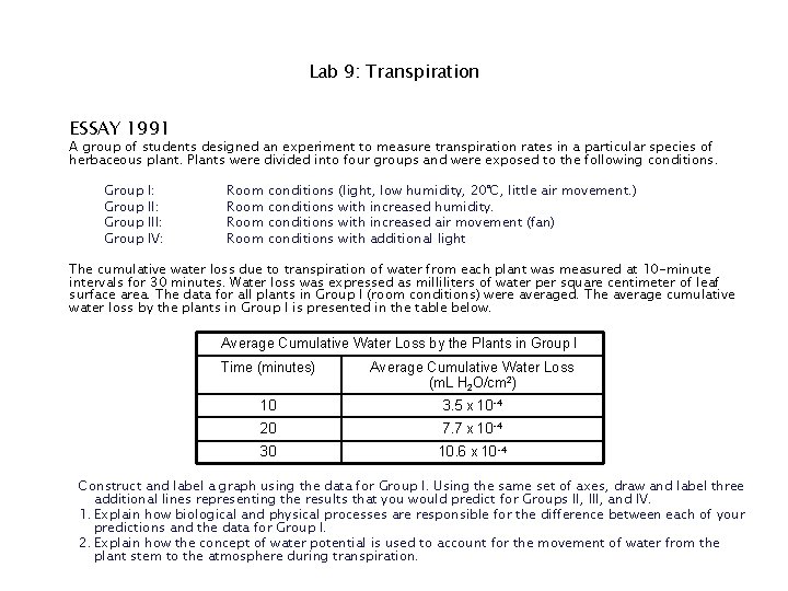 Lab 9: Transpiration ESSAY 1991 A group of students designed an experiment to measure