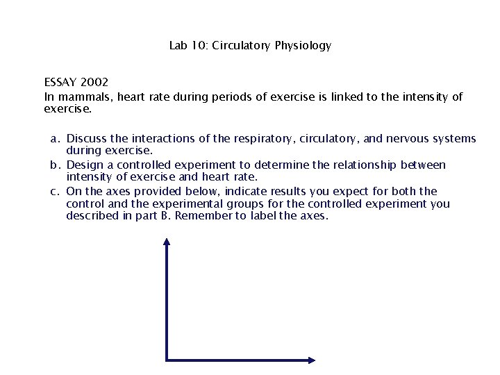 Lab 10: Circulatory Physiology ESSAY 2002 In mammals, heart rate during periods of exercise