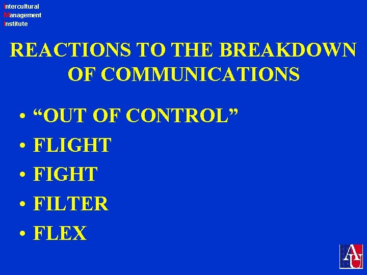 Intercultural Management Institute REACTIONS TO THE BREAKDOWN OF COMMUNICATIONS • • • “OUT OF