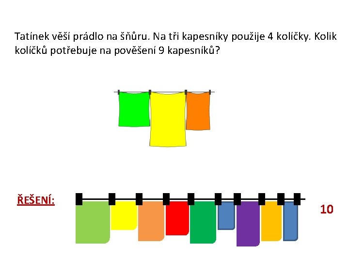 Tatínek věší prádlo na šňůru. Na tři kapesníky použije 4 kolíčky. Kolik kolíčků potřebuje