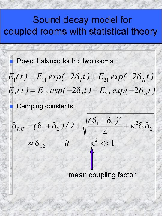 Sound decay model for coupled rooms with statistical theory n Power balance for the