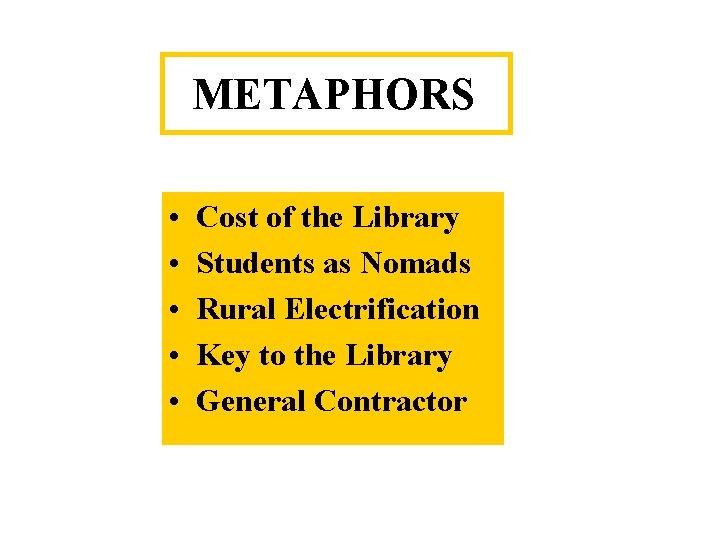 METAPHORS • • • Cost of the Library Students as Nomads Rural Electrification Key