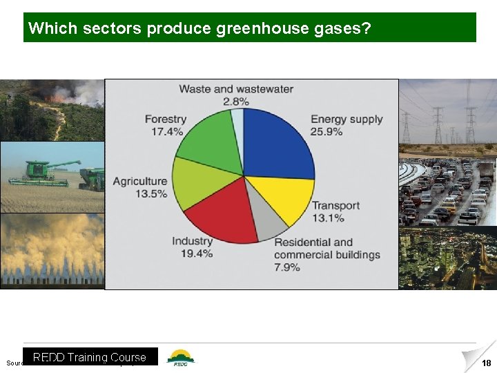 Which sectors produce greenhouse gases? REDD Training Course Source: IPCC Fourth Assessment Report, 2007