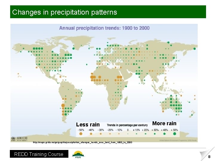 Changes in precipitation patterns Less rain More rain http: //maps. grida. no/go/graphic/precipitation_changes_trends_over_land_from_1900_to_2000 REDD Training