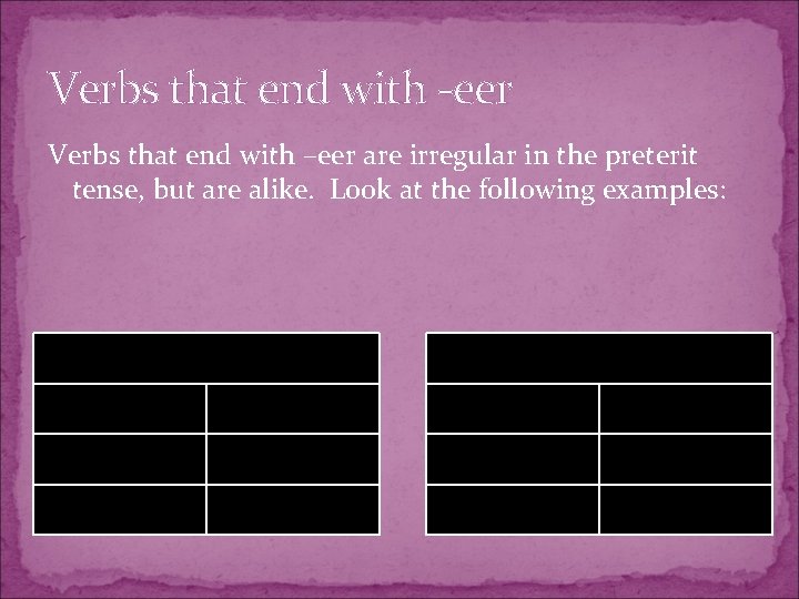 Verbs that end with -eer Verbs that end with –eer are irregular in the