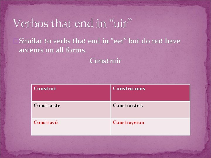 Verbos that end in “uir” �Similar to verbs that end in “eer” but do