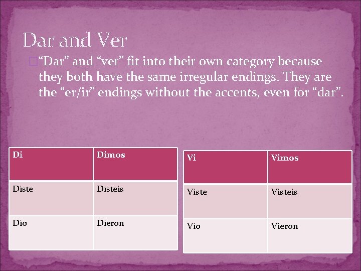 Dar and Ver �“Dar” and “ver” fit into their own category because they both