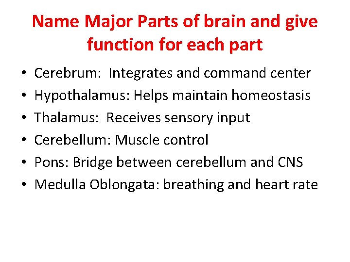 Name Major Parts of brain and give function for each part • • •