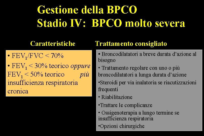 Gestione della BPCO Stadio IV: BPCO molto severa Caratteristiche • FEV 1/FVC < 70%