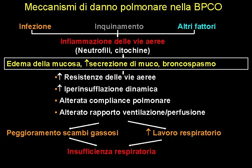 Meccanismi di danno polmonare nella BPCO Infezione Inquinamento Altri fattori Infiammazione delle vie aeree