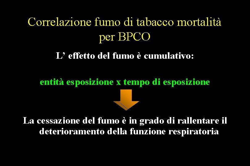 Correlazione fumo di tabacco mortalità per BPCO L’ effetto del fumo è cumulativo: entità