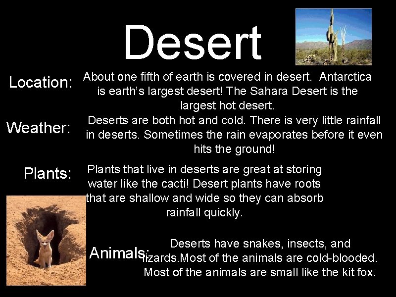Desert Location: Weather: Plants: About one fifth of earth is covered in desert. Antarctica