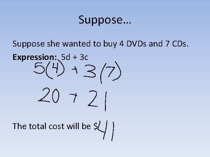 Suppose… Suppose she wanted to buy 4 DVDs and 7 CDs. Expression: 5 d