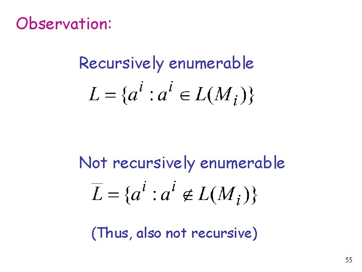 Observation: Recursively enumerable Not recursively enumerable (Thus, also not recursive) 55 