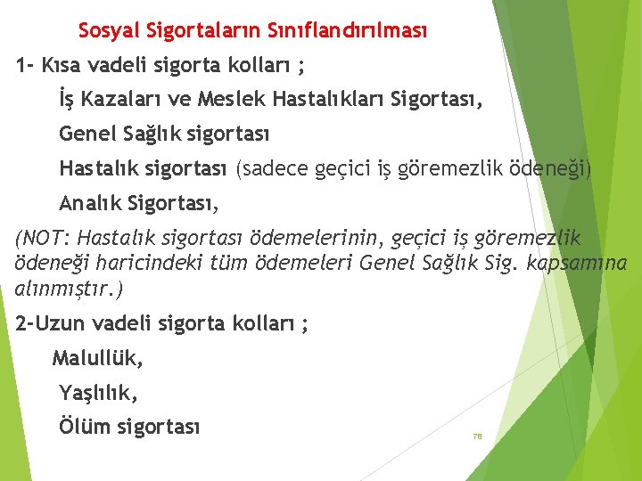 Sosyal Sigortaların Sınıflandırılması 1 - Kısa vadeli sigorta kolları ; İş Kazaları ve Meslek