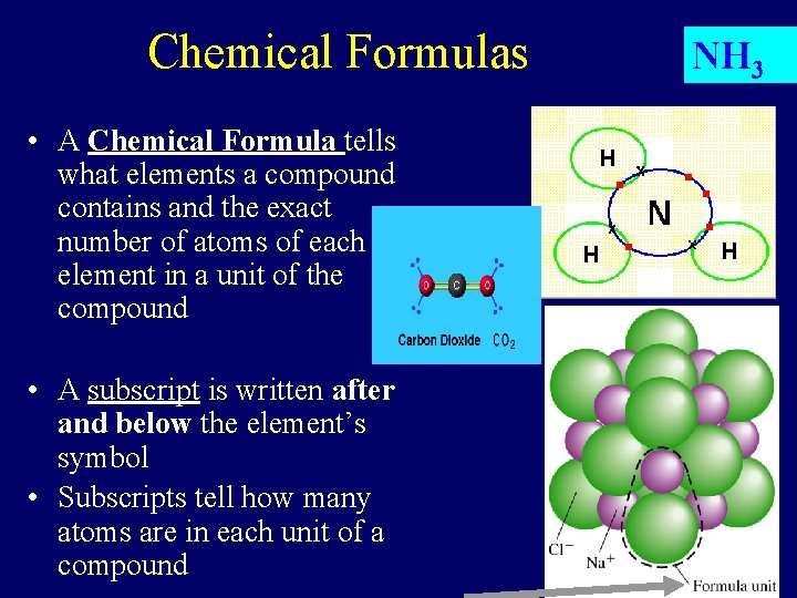 Chemical Formulas • A Chemical Formula tells what elements a compound contains and the